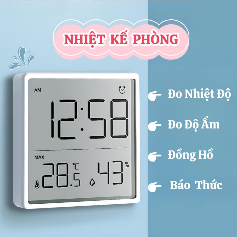 Nhiệt Kế Ẩm Siêu Mỏng Dán Tường Hít Nam Châm Màn Hình LCD Đo Chính Xác Với Đồng Hồ Báo Thức Ngày