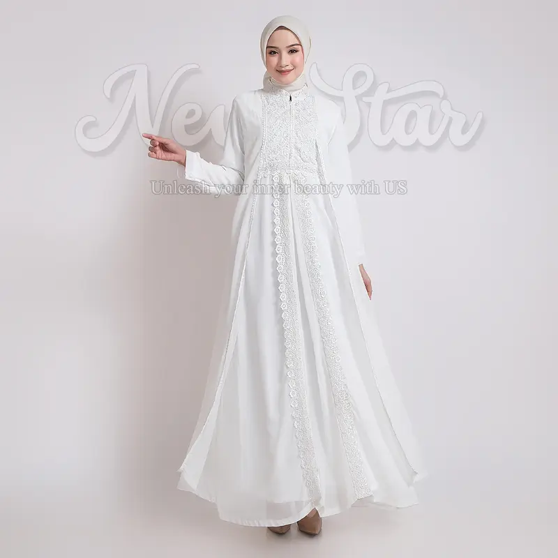 NewStar - Gamis Putih Premium Baju Lebaran 2025 Model Baru Elegan Abaya Turkey Muslim Wanita Mewah Terbaru B37 1