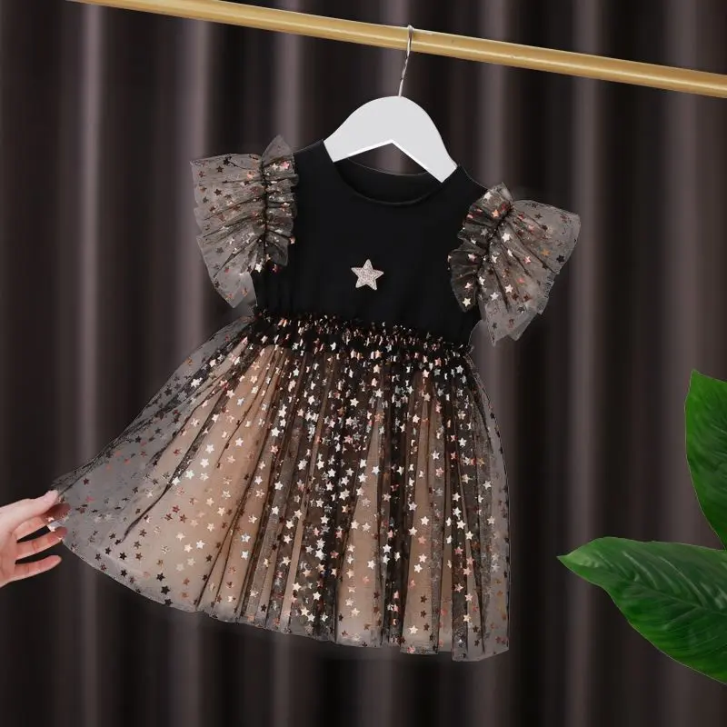 [PRINCESS KESLI] 0-9 Tahun Dress Black Mamba Star Gold Anak Perempuan Rok Gradasi Hitam Bahan Tile Halus Gaun Manis