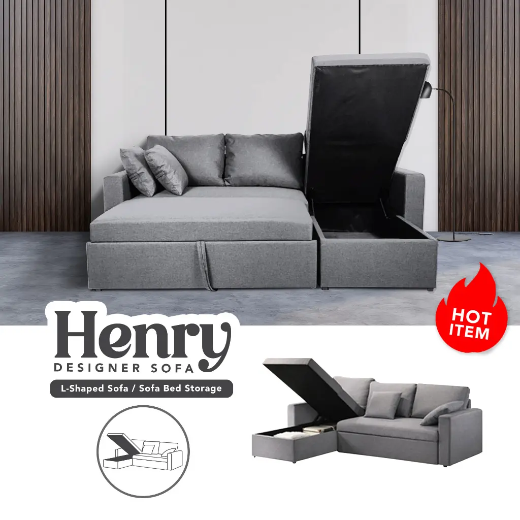 [CHOICE OF COLORS] 3IN1 HENRY MULTI PURPOSE 3 SEATER FABRIC SOFA BED + STORAGE