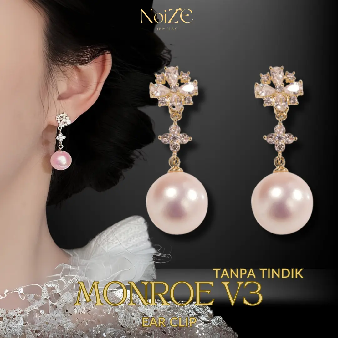 NoiZE MONROE V3 - Anting Jepit Wanita Klip Tanpa Tindik Ear Clip Silver S925 Mutiara Pink Zircon