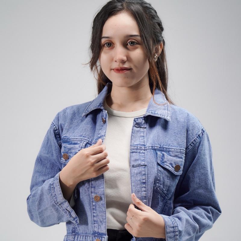lucretia -Jaket Jeans Crop Rawis Unfinished  Panjang Softjeans- Jaket Wanita Crop Rumbai-Jaket denim Crop Termurah - Pakaian Wanita Cewek Blazer outer 3