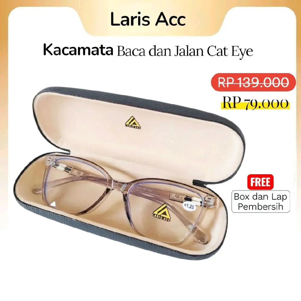 Laris Acc Kacamata Baca dan Jalan Model Cat Eye Doubel Lensa Plus Wanita Frame Pink Peach Abu-Abu Gratis Box