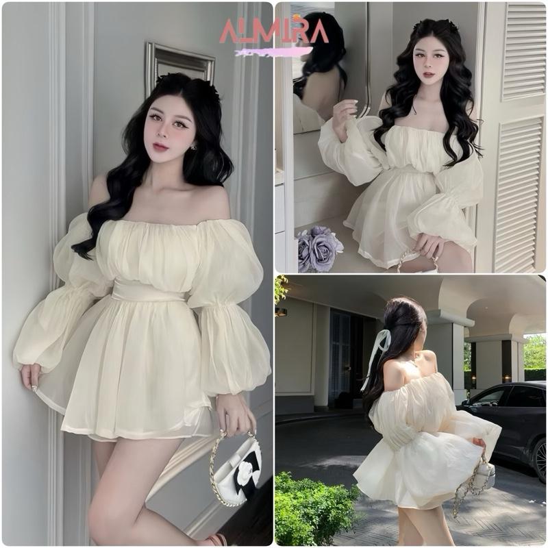  Váy Trễ Vai Thắt Nơ Lưng Dáng Xoè Bồng Bềnh Tay Bo Khúc Màu Kem Chất Tơ Xốp 