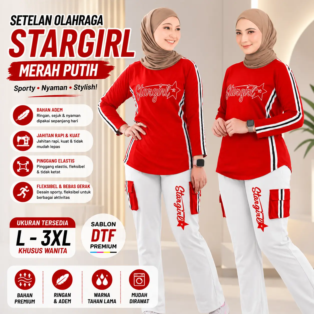 Setelan Olahraga Kombinasi Celana Cargo Sporty Motif Stargirl Oneset Training Senam Terbaru Adem & Nyaman Gratis Ongkir
