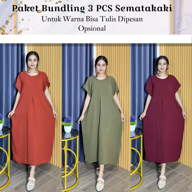 Ambari -Paket 3 Pcs Sematakaki Long Daster Wanita Dress 0