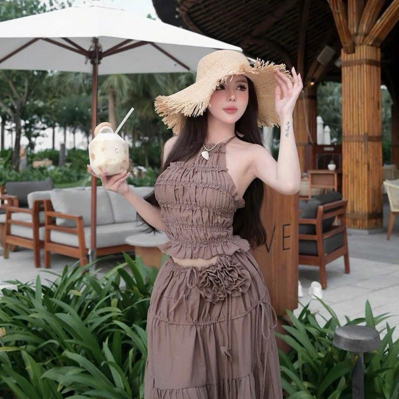 Sét đi biển ĐŨI VÂN MÂY nhúng chân váy dài xoè to chuẩn hình kèm bông