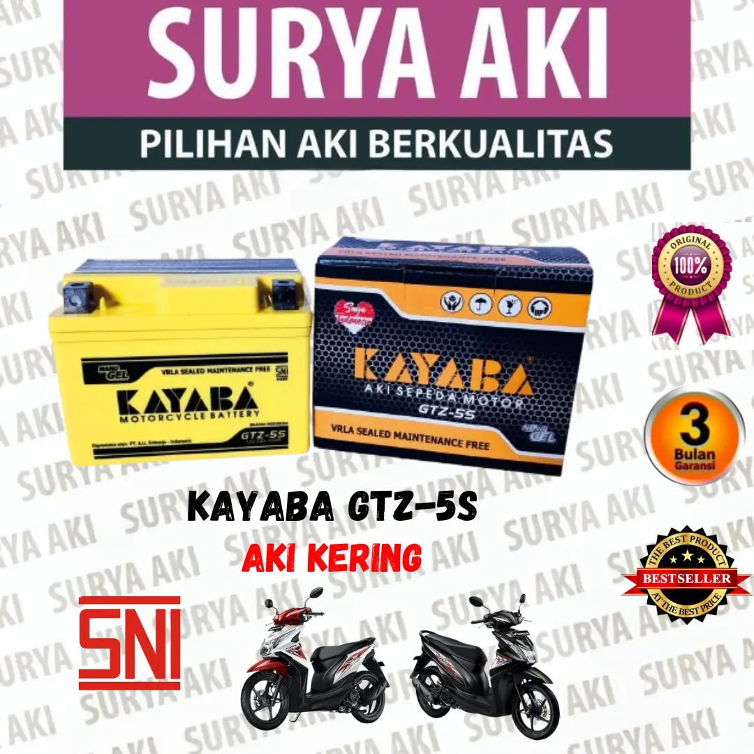 Aki Motor KAYABA GTZ5S Aki Kering BEAT VARIO REVO 110 SCOOPY SUPRA X 125 SPACY BLADE NEW MEGA PRO VERZA CRF GENIO - Free Bubble Wrap Dus