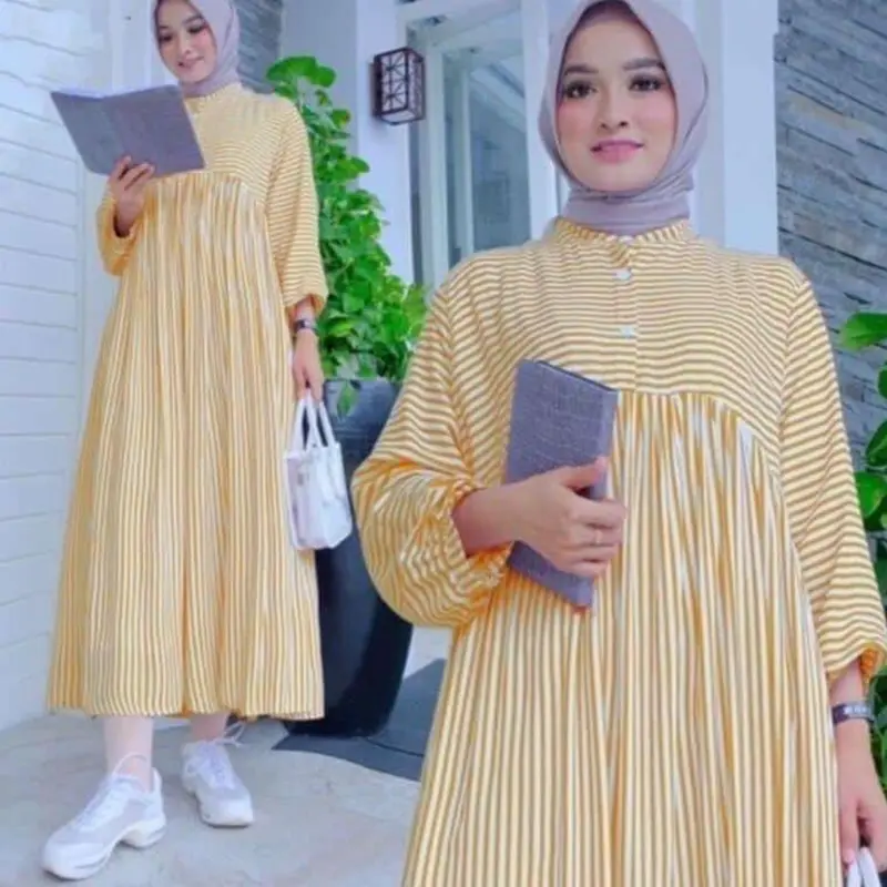 Midi Dress Wanita Muslim Motif Stripe Salur Bahan PolyRayon 1
