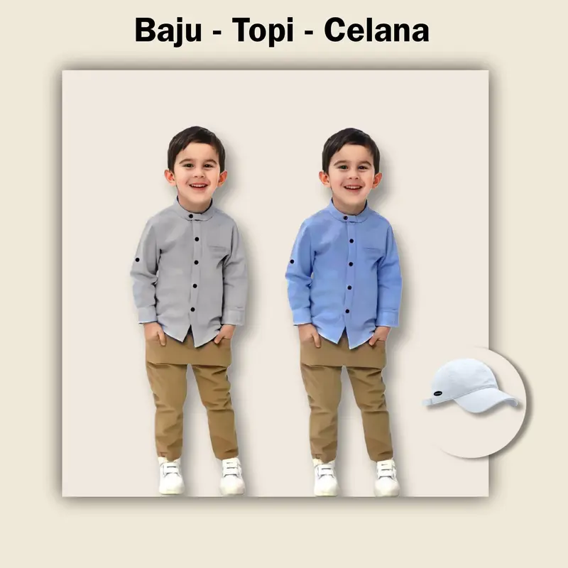 [3 in 1] Setelan Kemeja Anak Plus Topi Usia 3-8 Tahun 3