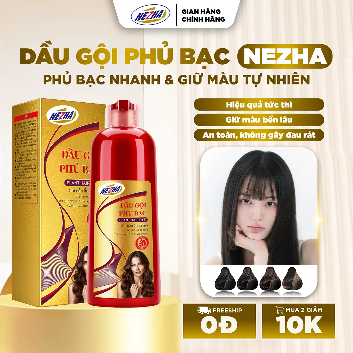 Dầu gội phủ bạc Nezha 400ml chính hãng. Thuốc nhuộm tóc, dầu gội nhuộm tóc ĐEN, NÂU  bền màu. Dưỡng Tóc Chăm Sóc Tóc Nam Nữ