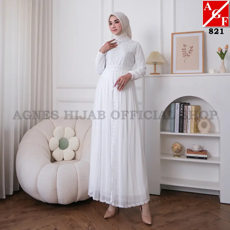 Agnes Hijab - Khairany Dress Gamis Putih Lebaran 2025 Dewasa Premium Elegan Gaun Mewah Elegan Karet Kombinasi Mutiara Pesta Kondangan Haji Umroh 821 2