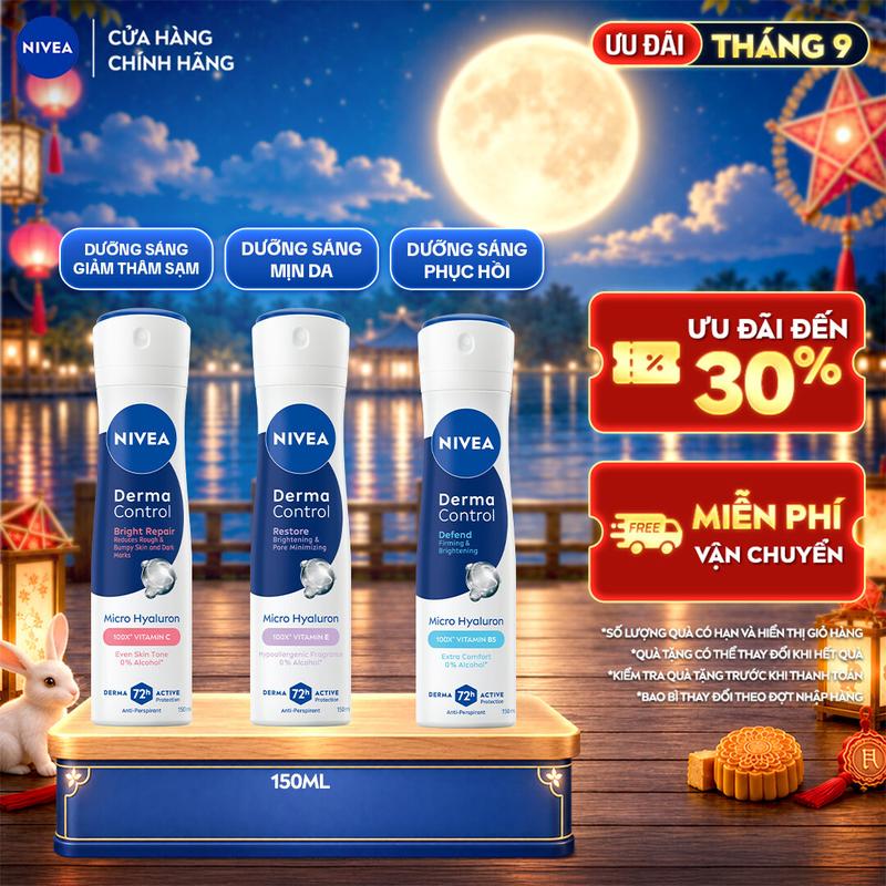 NIVEA Derma Control Xịt Khử Mùi 72H Dưỡng Sáng Giảm Thâm Da Nhạy Cảm 0% Cồn -…