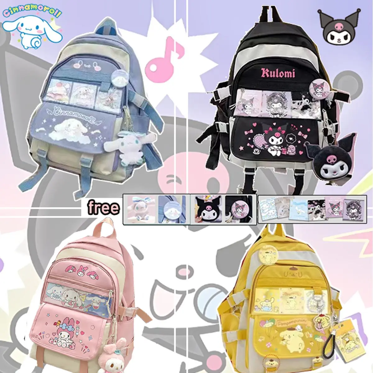Beg Sekolah Sanrio Cinnamoroll My Melody 43cm untuk Budak Perempuan dengan Tarp Cute Kuromi Girl Backpack 2 Styles Nylon Bag for Student Kids
