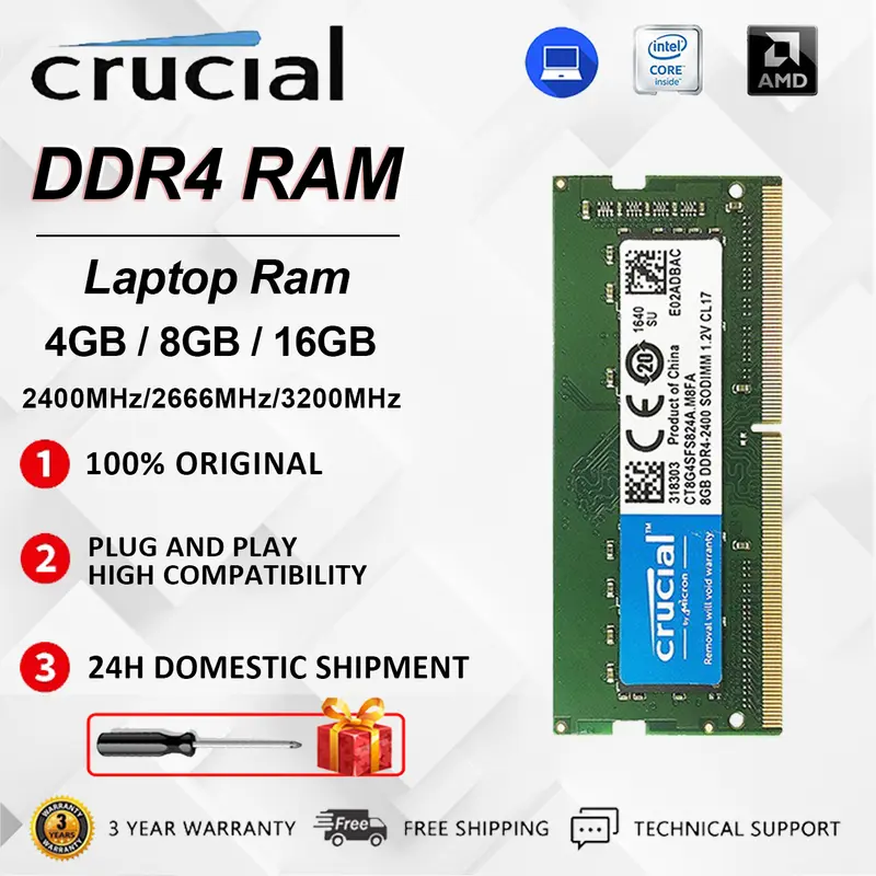 Crucial DDR4 Desktop RAM – 4GB, 8GB, 16GB – 2133 To 3200MHz, DIMM 288-Pin, Non-ECC, Lifetime Warranty