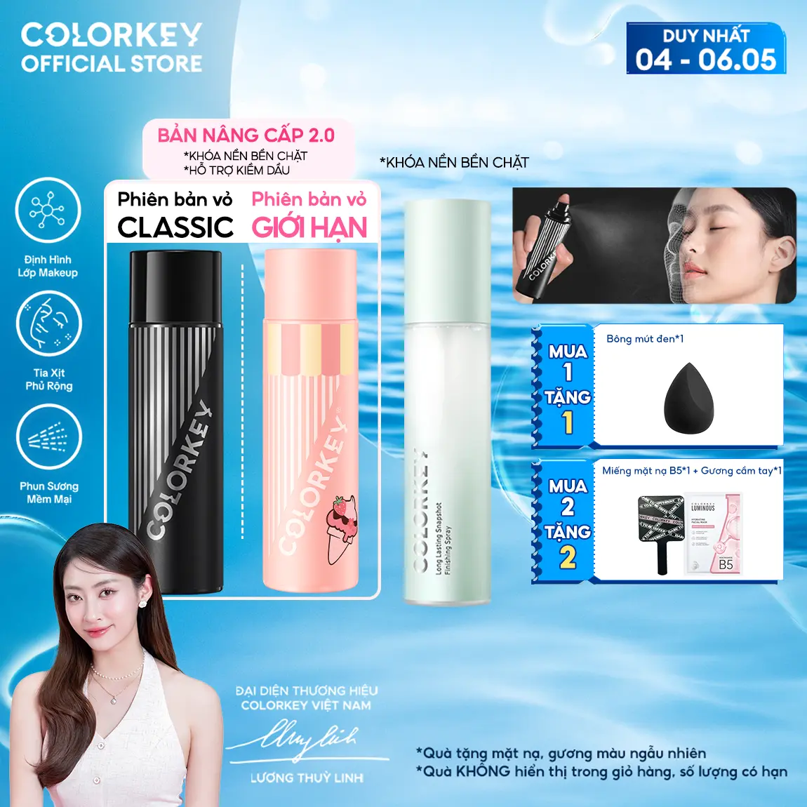 Xịt Khóa COLORKEY Tia Sương Mịn Giúp Cố Định Lớp Trang Điểm Lâu Trôi 100ml/chai fullsize HOẶC 30ml minisize