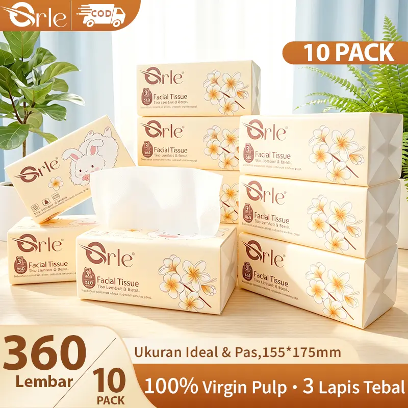 [Gratis Ongkir] ORLE TISU 10 PACK Tisu Wajah 3 Ply360 Lembar - Ukuran Jumbo 155x175mm,Tebal & Lembut(Aman untuk Bayi)