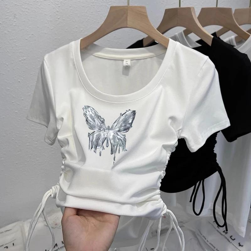 Kaos Serut Grafis Kupu-kupu Pendek Wanita 0