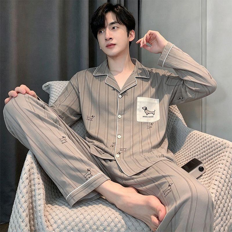 Bộ đồ ngủ nam dài tay dài quần, kiểu cardigan, có thể mặc ra ngoài, dáng rộng rãi, cỡ lớn, đồ mặc nhà cho thanh thiếu niên.