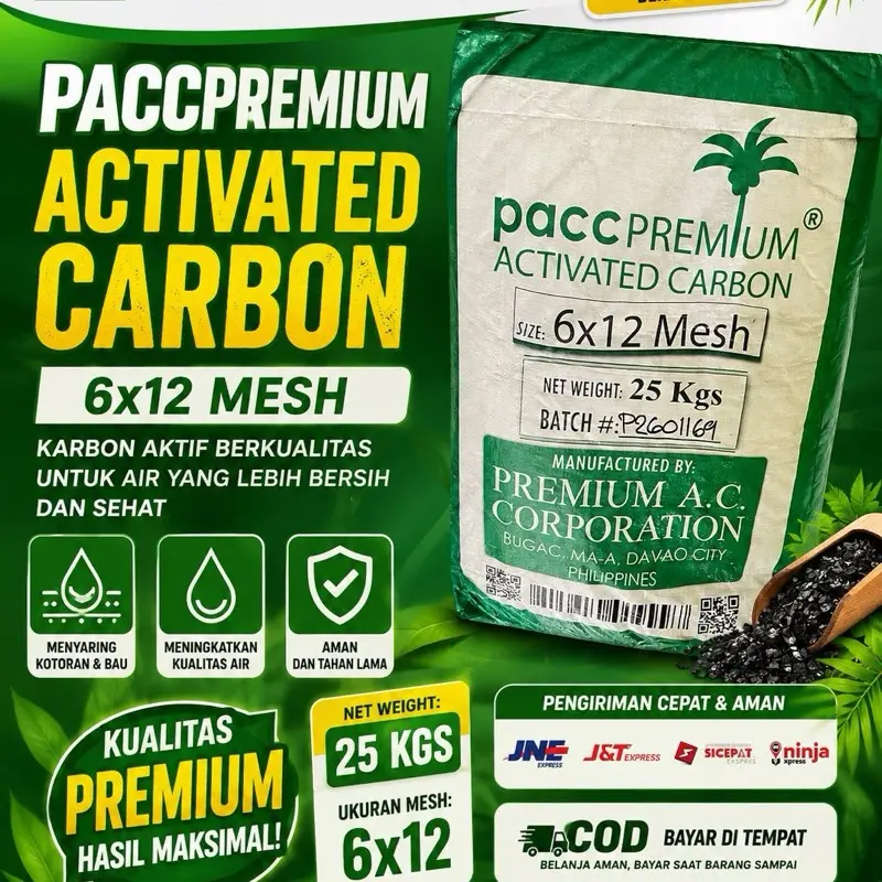 PACC Premium Aktivated Carbon 6x12 Mesh 25 Kgs Davao City Filipina untuk Penyaring Air dan Udara Cleaning Karbon Aktif Tempurung Kelapa