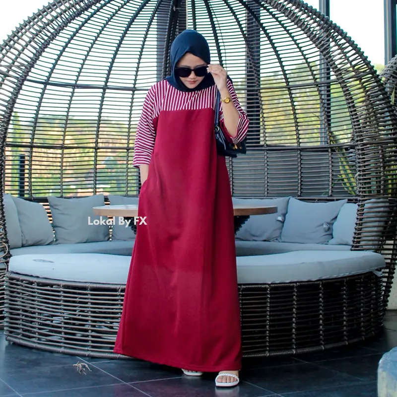 Lokal By Fx - Gamis Wanita Motif Salur Kekinian Mewah Muslim  / gamis 2025 model baru / baju hitam gamis / gamis hitam remaja 0