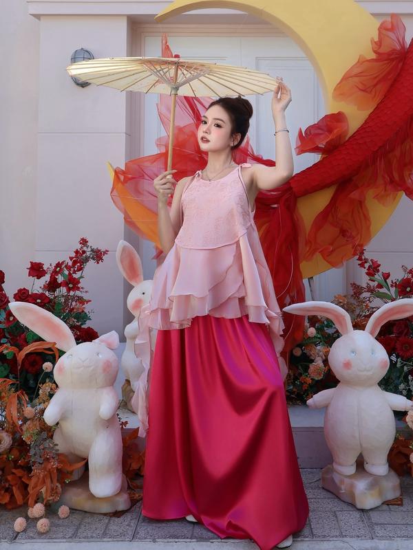 Set áo yếm hoa nổi tua rua kèm chân váy lưng chun Ảnh thật/Sẵn