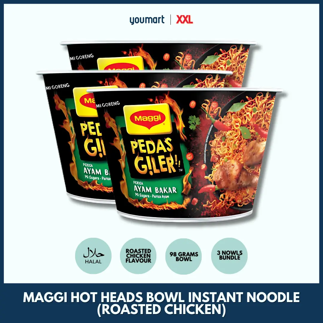 Maggi Hot Heads Bowl Instant Noodle • Halal • Roasted Chicken Mee Goreng • by XXL Store • 3 bowls bundle