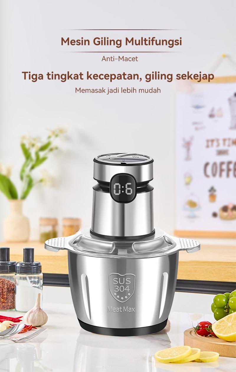 Penggiling/blender daging rumah tangga untuk daging, sayuran, dan buah-buahan, kapasitas 2 liter.