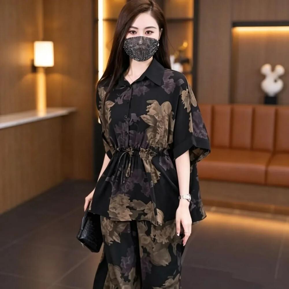 FADFAD setelan wanita atasan berkerah lengan model kelelawar dengan celana panjang motif bunga