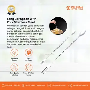 Long Bar Spoon with Fork 32 cm 26 cm Stainless Steel Sendok Panjang dengan Garpu Pengaduk Cocktail Buah