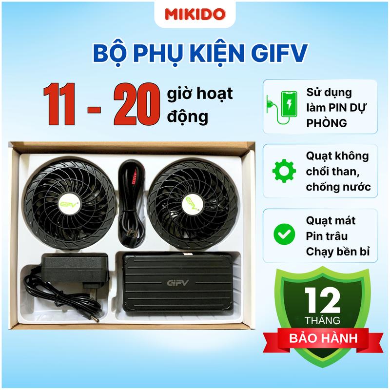 BỘ PHỤ KIỆN GIFV CHÍNH HÃNG Sử dụng cho Áo Nắng Điều Hòa. Bộ Pin áo quạt gió điều hòa dung lượng cao cho thời gian sử dụng liên tục kéo dài cả ngày làm việc- làm mát chống nắng bảo vệ sức khỏe. Pin Áo điều hòa tích hợp sạc dự phòng.