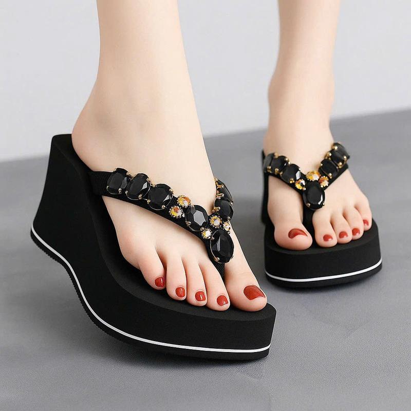 phân 7 Dép kẹp xỏ ngón đế cao quai kết đá đen đá tròn vàng đen xám khói đen xanh ngọc 5p 7p 9p tông xốp