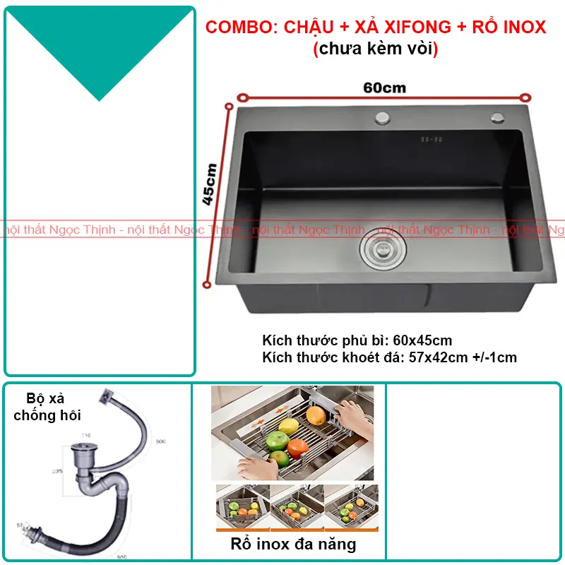Chậu rửa chén bát inox sus304 SENTANO NANO ĐEN 60x45cm chống trầy xước cao cấp tặng kèm rổ đa năng 6