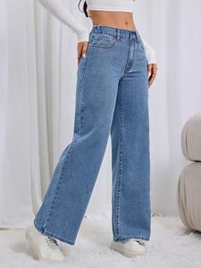 Vaqueras mujer outfit Mezclilla Vaqueros para Mujer Corte Ancho Regular Fit Cintura Alta Elástica Lavado Claro Algodón Casual Primavera Otoño Unicolor