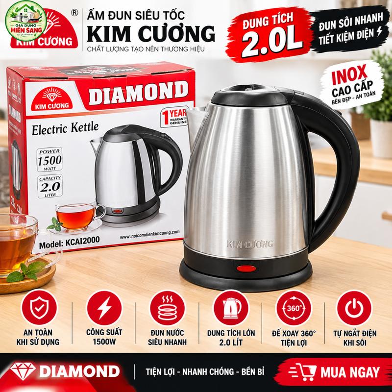 ẤM ĐUN SIÊU TỐC KIM CƯƠNG 2L – INOX, CÔNG SUẤT 1500W