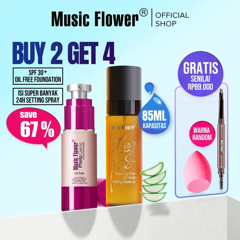 Music Flower Set: Photo Genic Liquid Foundation Powerstay 24H Matte Base + Moisturizing Setting Spray Fix Makeup 0