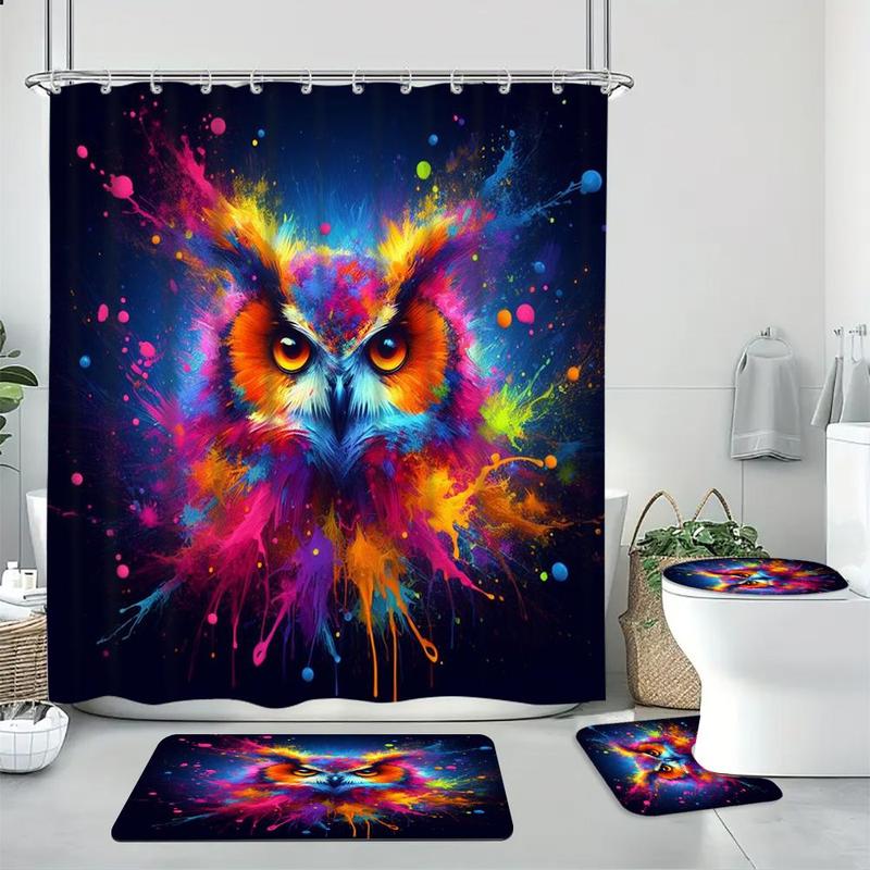 Owl Pattern Bathroom Accessories, 4 Counts/set Including Shower Curtain & Toilet U-shaped Mat & Toilet Lid Cover & Bath Mat, Bathroom Decoration Supplies 3