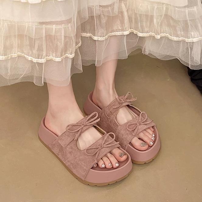 Dép lê da lộn hai nơ nhỏ xinh có ba màu nữ kem đen và hồng