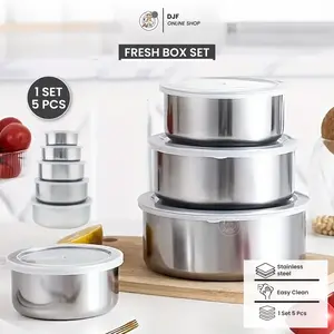 Set Wadah Makanan Stainless Steel dengan Tutup Transparan (5 Ukuran)