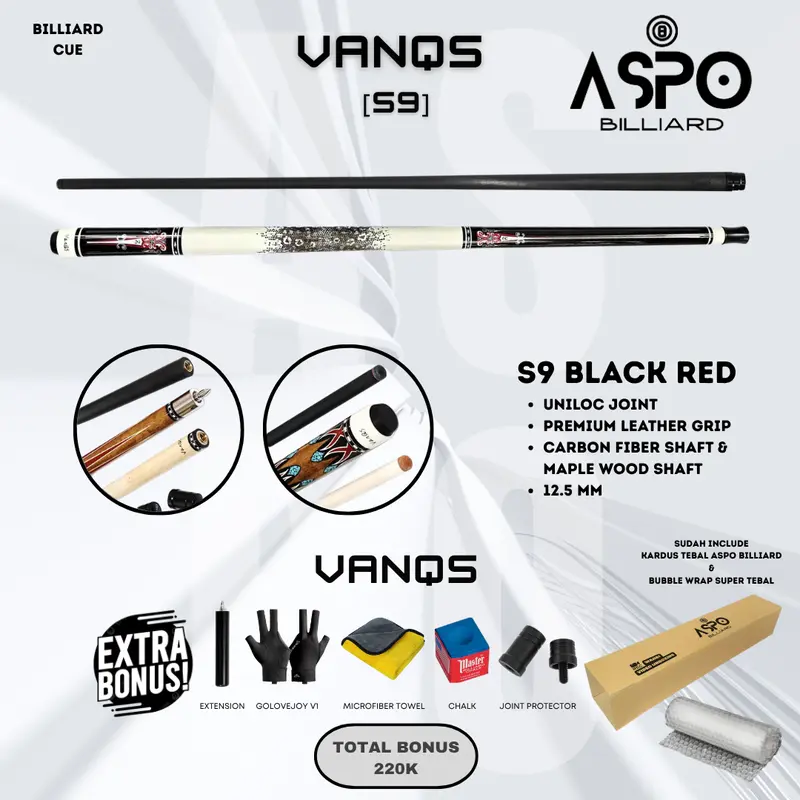 Stik Biliard Carbon VanQS S7  S9 Tip Rainbow 12.5mm Joint Uniloc Grip Kulit Premium Shaft Serat Karbon Defleksi Rendah Panjang 58 Inch Bonus Chalk Handuk Microfiber Sarung Tangan Golovejoy V1 Joint Protector Free Extension Ball 1