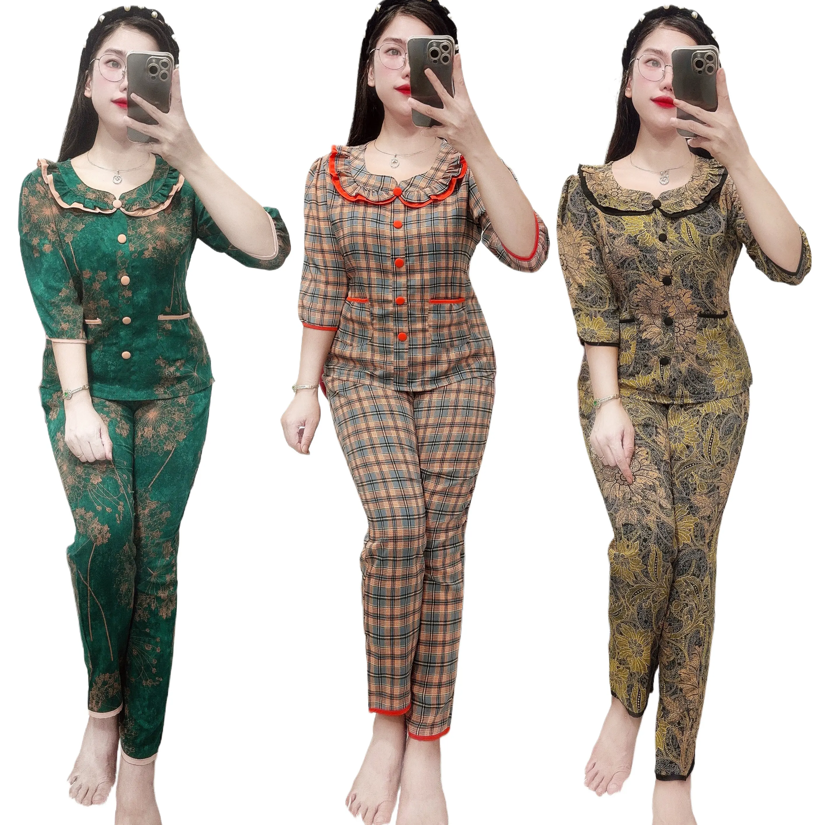 Set Đồ Nữ Đẹp Áo Tay Lỡ Phom Thiết Kế, Vải Lụa Mango Mịn Mát Có Nhiều Hoạ Tiết (Top Nhung Kem) pijama