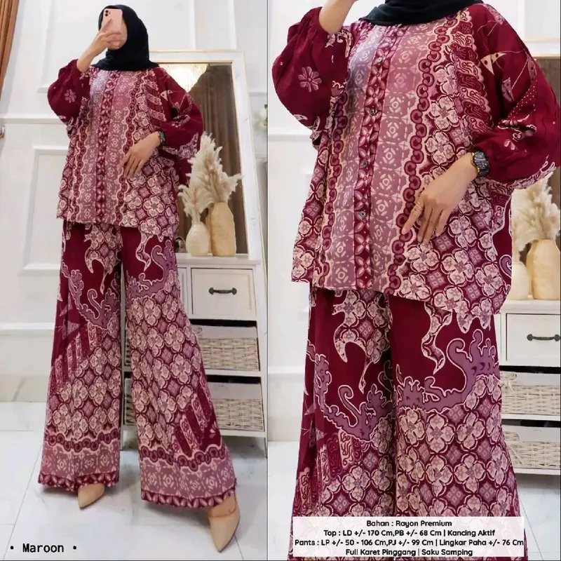 Seruni Setelan Jumbo  Blouse Batwing dan Kulot Bahan Rayon Batik Adem Nyaman Busui Kancing Aktif Baju Motif Celana Panjang Muslim Karet Samping Top 2