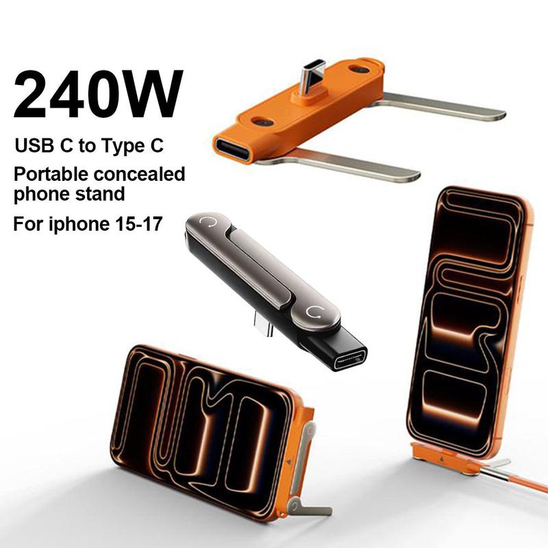 Cáp sạc 240W 2 trong 1 với giá đỡ xoay 360°, bộ chuyển đổi USB‑C gập gọn có thể tháo rời, sạc nhanh cho iPhone 15/17 và Android, hợp kim kẽm, thiết yếu cho văn phòng, ô tô và du lịch