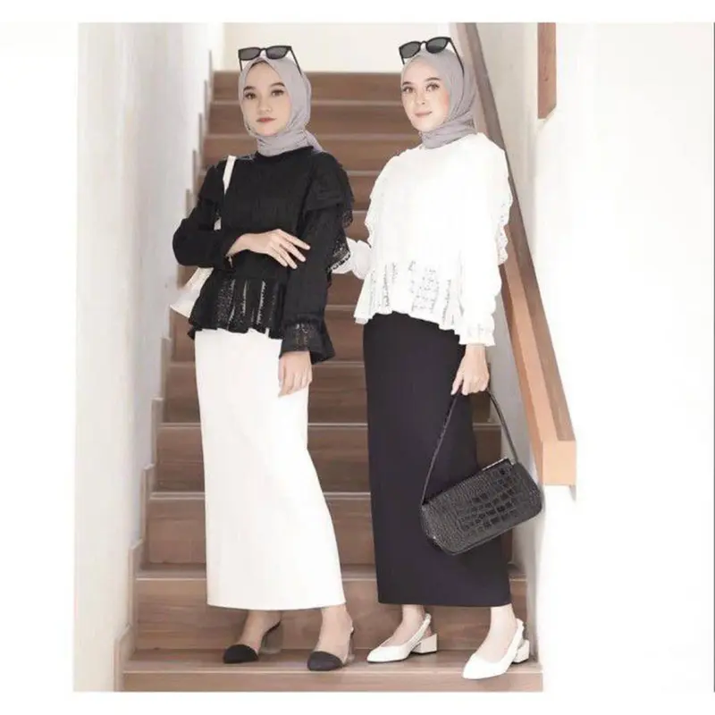 Rok Span Scuba  Wanita Panjang Muslim Dewasa  Bawahan Hitam Katun Casual Basic Shirts & Blouses 1