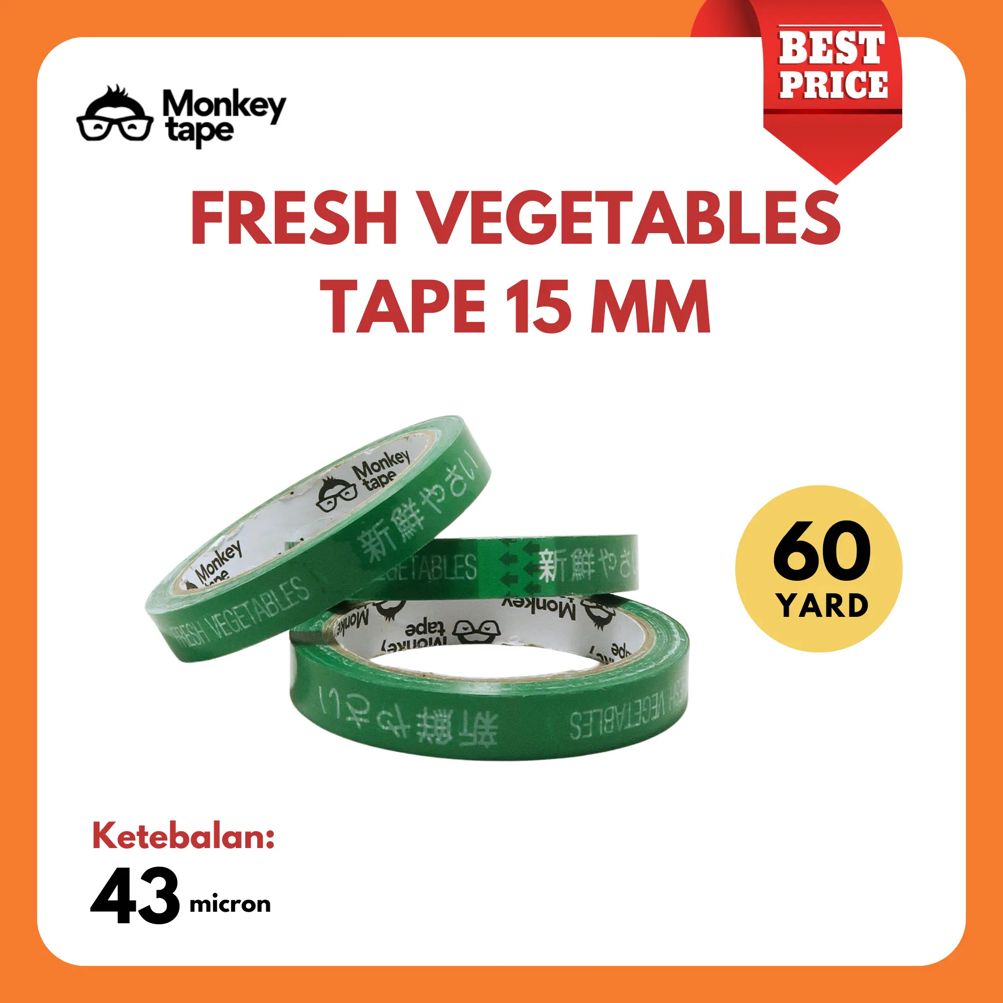 Lakban Supermarket Sayur & Buah MERK MONKEY TAPE Fresh Fruits & Vegetables Tape Lebar 15 MM