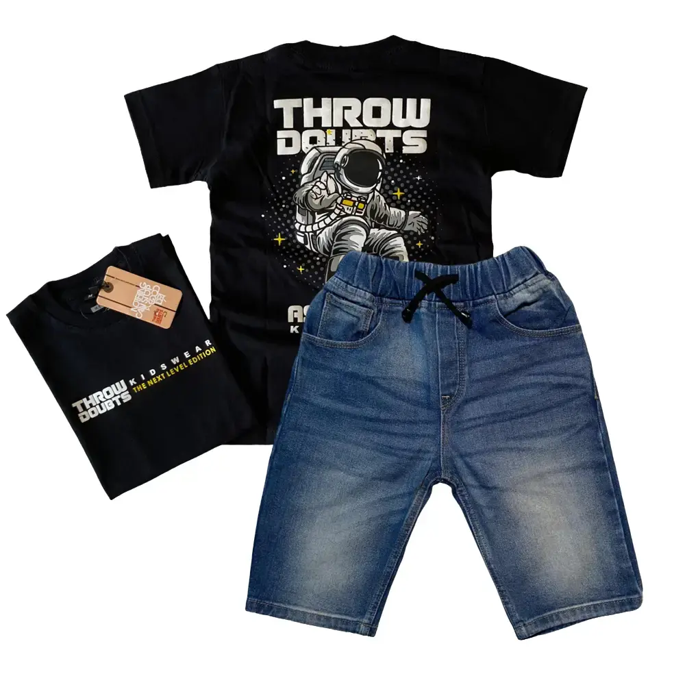 Setelan Jeans Slim Anak Dan Baju Kaos Distro Bahan Katun Usia 3-12 Tahun Hitam T17 Pakaian Fashion Motif Motif