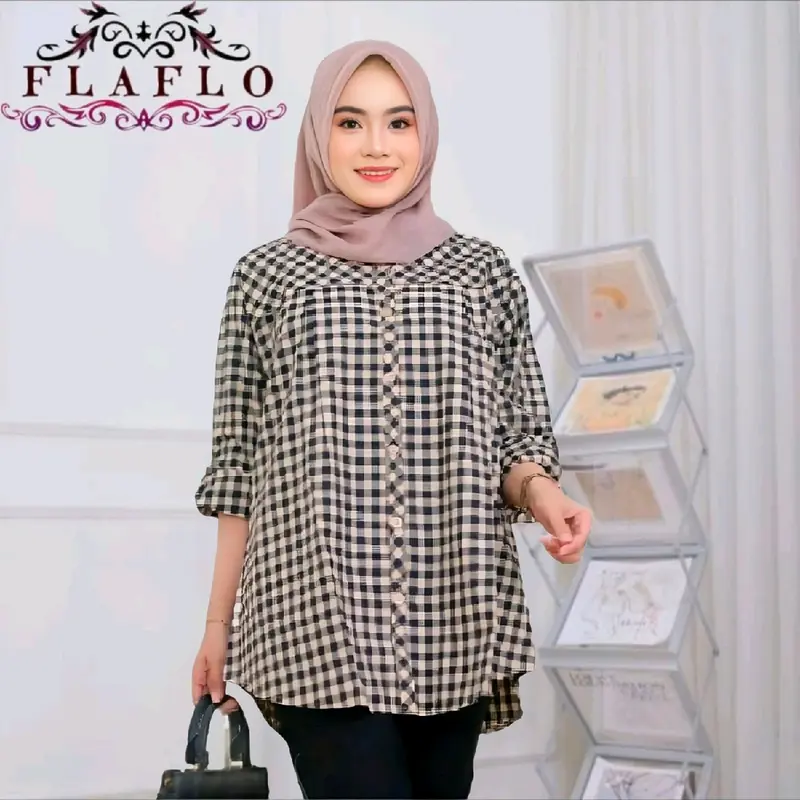 FLAFLO Blouse jumbo LD 120 kemeja kerja kotak kotak kekinian muat 85 kg Baju Atasan Panjang Katun Wanita Muslim lengan panjang 2