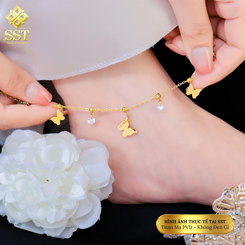 Lắc chân nữ Titan SST Official Store Charm Bướm phối charm đính đá nữ tính Không Đen Gỉ LC52
