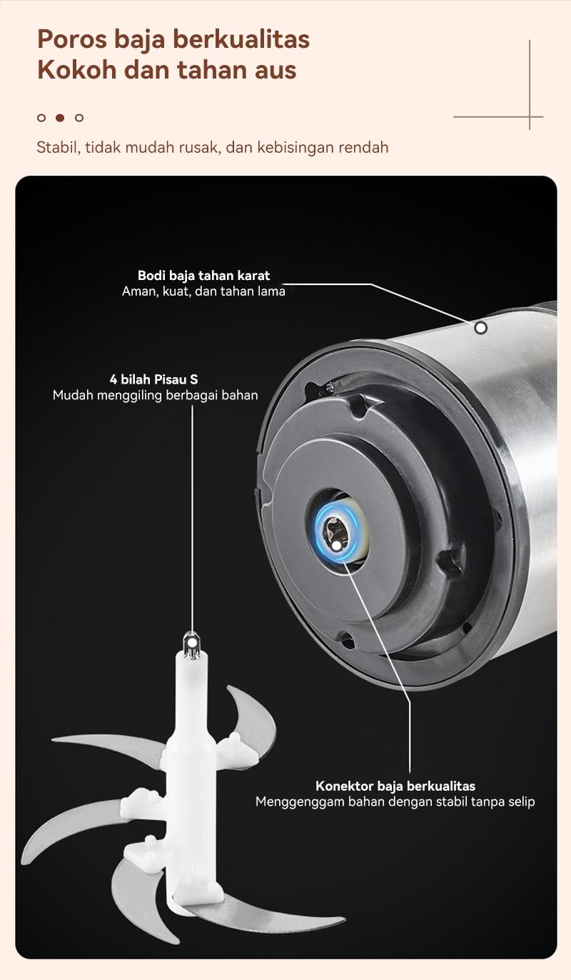 Penggiling/blender daging rumah tangga untuk daging, sayuran, dan buah-buahan, kapasitas 2 liter.