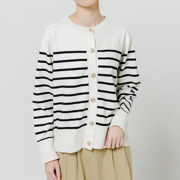 This Is April Outer Wanita Knit Lengan Panjang Striped Aurelie Cardigan Ivory dan Black 1